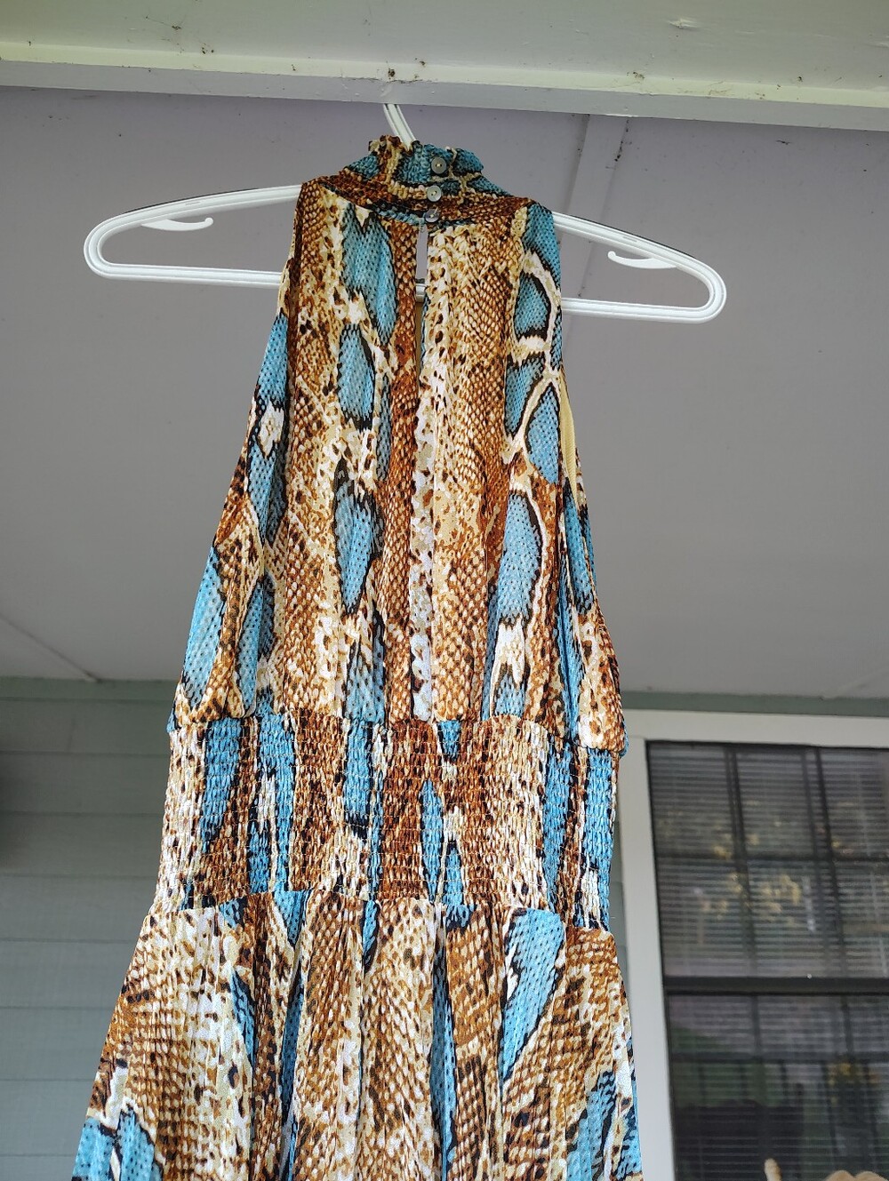 High-Neck Maxi dress in Blue and Brown Snake Print